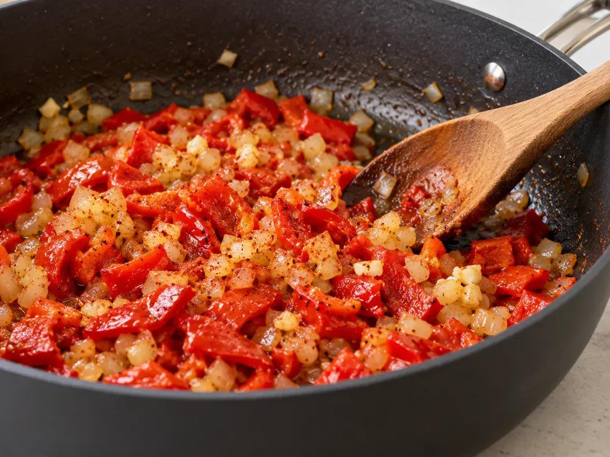 Soften the onion and warm the peppers: Roasted Red Pepper Soup
