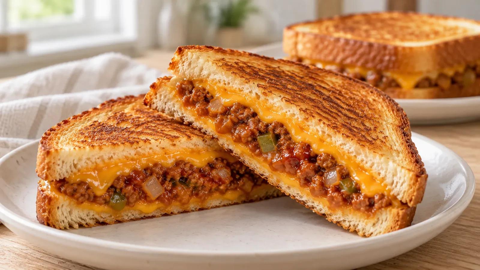 Sloppy Joe grilled cheese cut to show thick beef filling and melted cheddar inside golden bread.