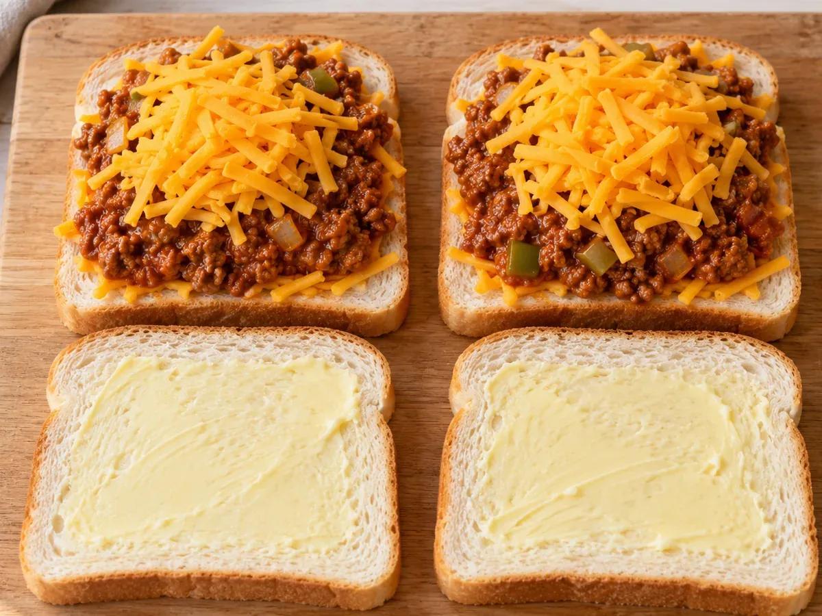 Layer the sandwiches: Sloppy Joe Grilled Cheese