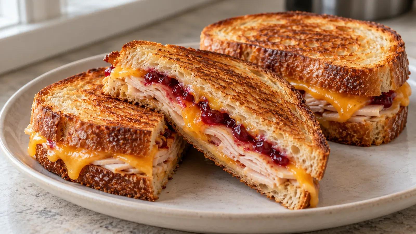 Turkey cranberry grilled cheese with melted cheddar and a thin red cranberry layer on golden sourdough.