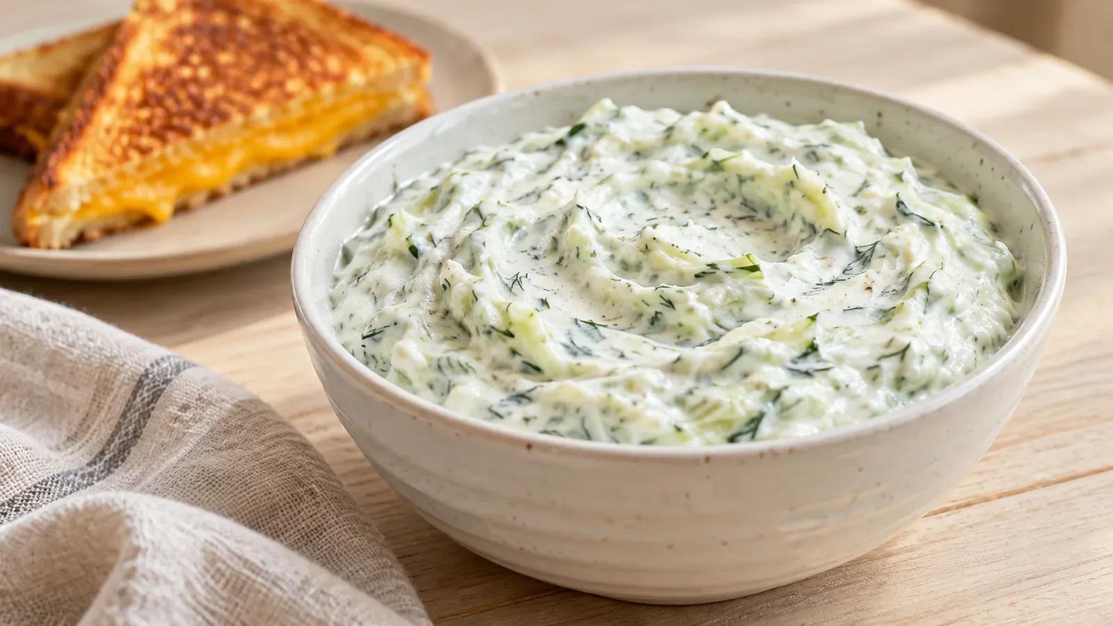 Tzatziki with cucumber and dill in a white bowl beside a grilled cheese triangle.