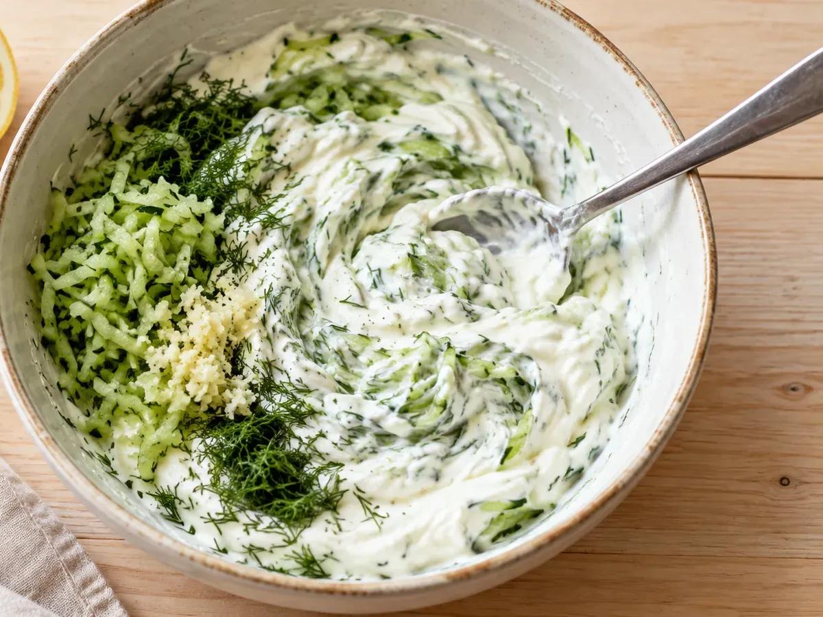 Mix the yogurt dip: Tzatziki