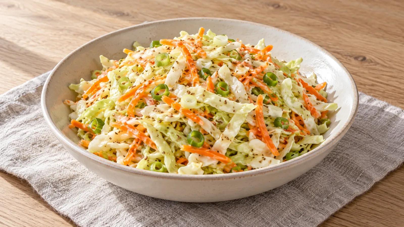 Vinegar coleslaw with shredded cabbage, carrot, scallions, and cider vinegar dressing in a ceramic bowl.