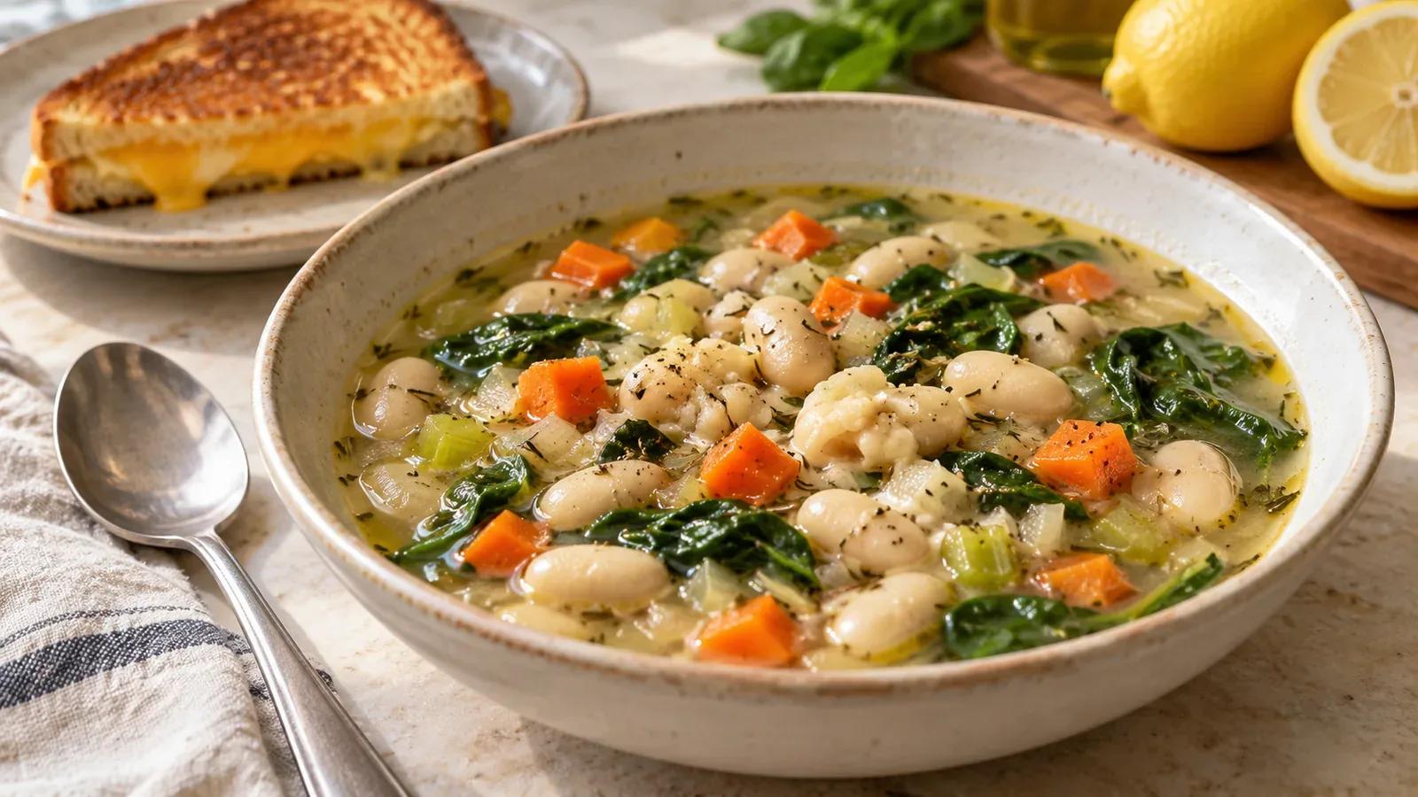 White bean soup with cannellini beans, carrots, celery, and spinach in a ceramic bowl beside a grilled cheese sandwich.