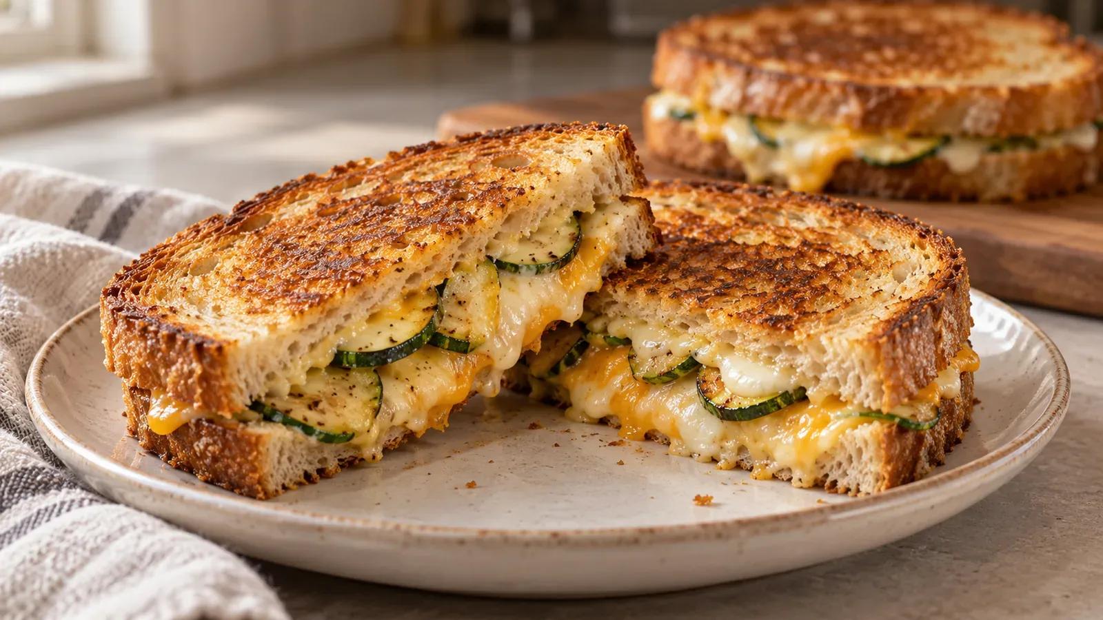 Zucchini grilled cheese with browned zucchini, melted cheddar, and mozzarella between golden sourdough slices.