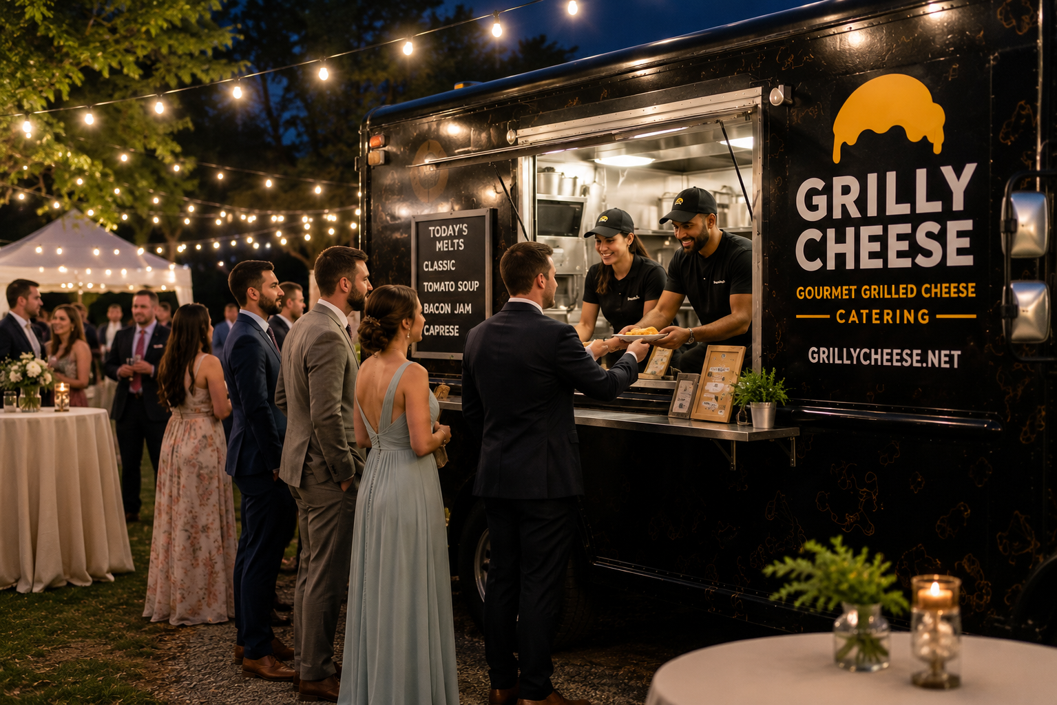 Wedding guests ordering from food truck at evening outdoor reception