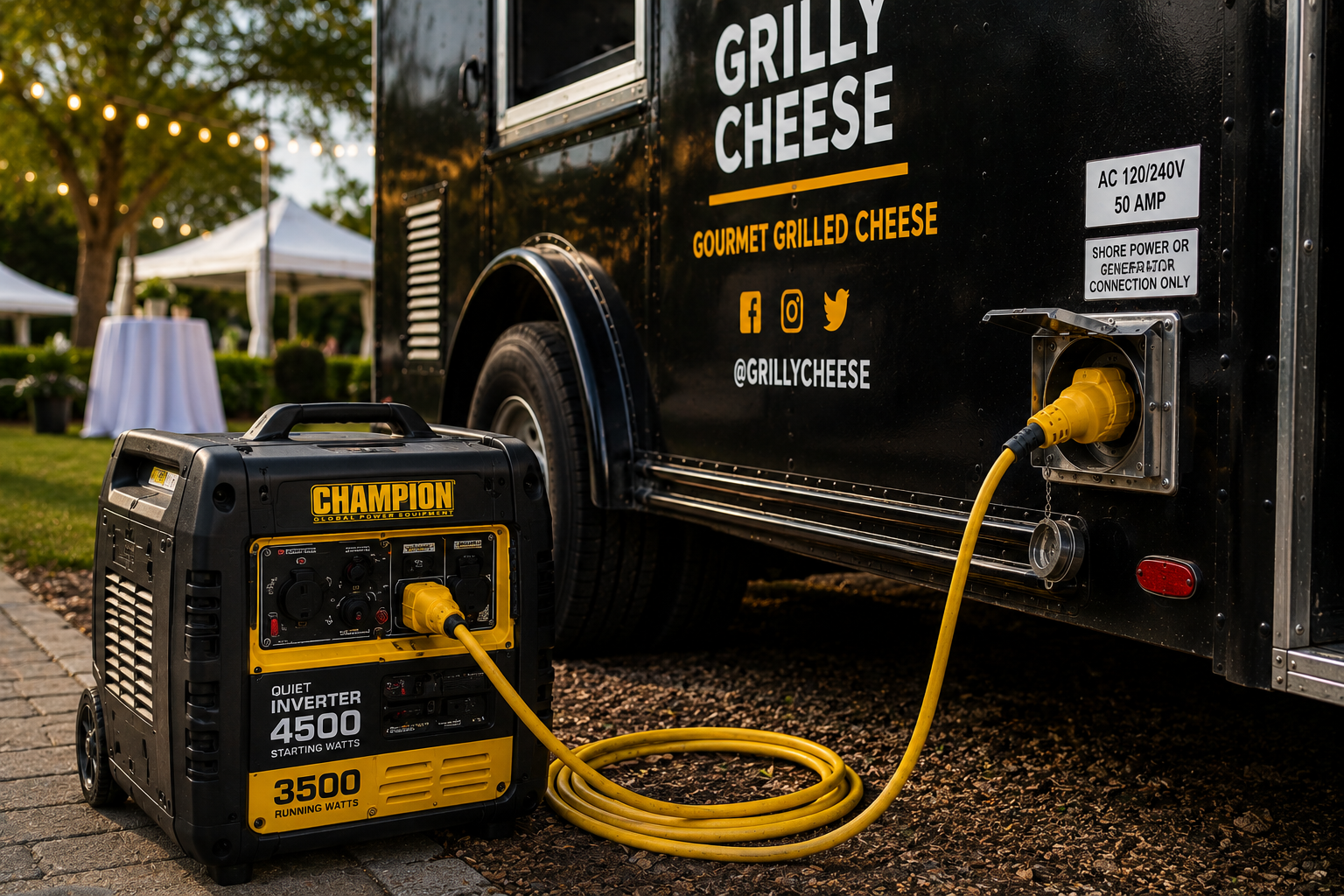 Generator connected to food truck for event power supply