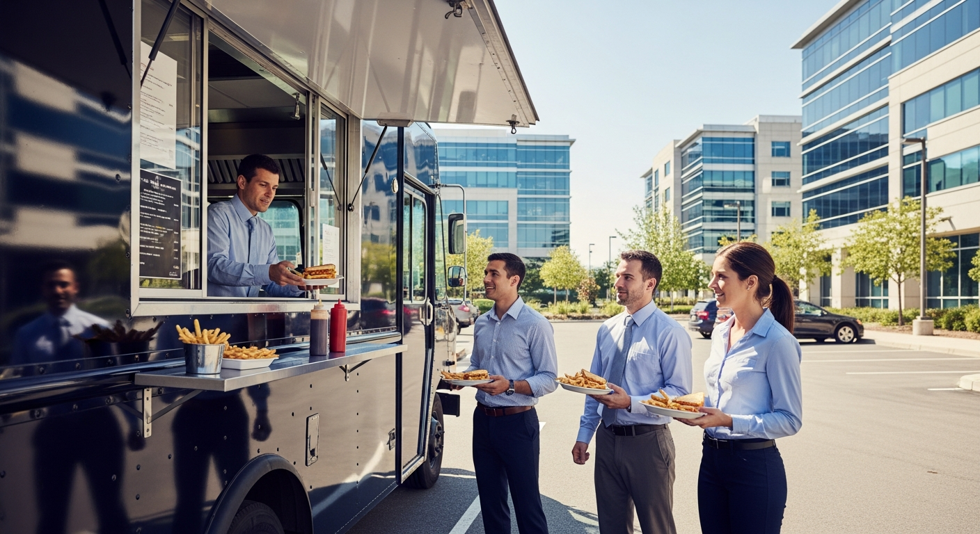 Food truck at corporate office lunch event Food truck serving employees during a corporate office lunch event