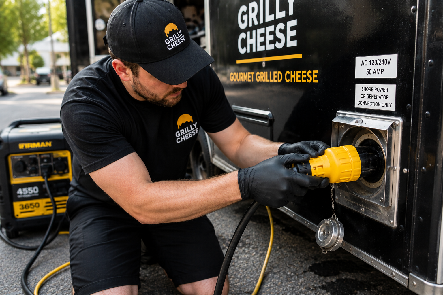 Food truck shore power connection during event setup