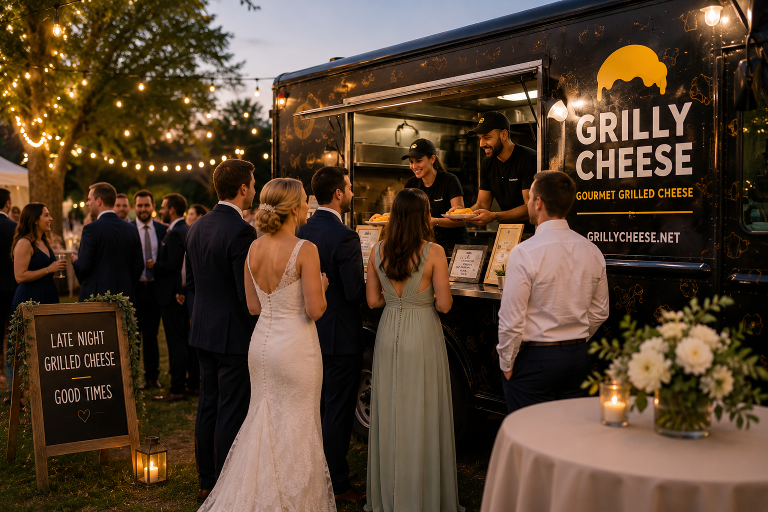 Outdoor wedding food truck catering setup with guests nearby