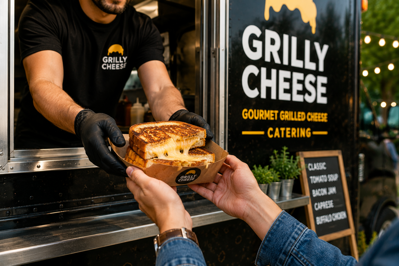 Grilled cheese catering served through food truck service window