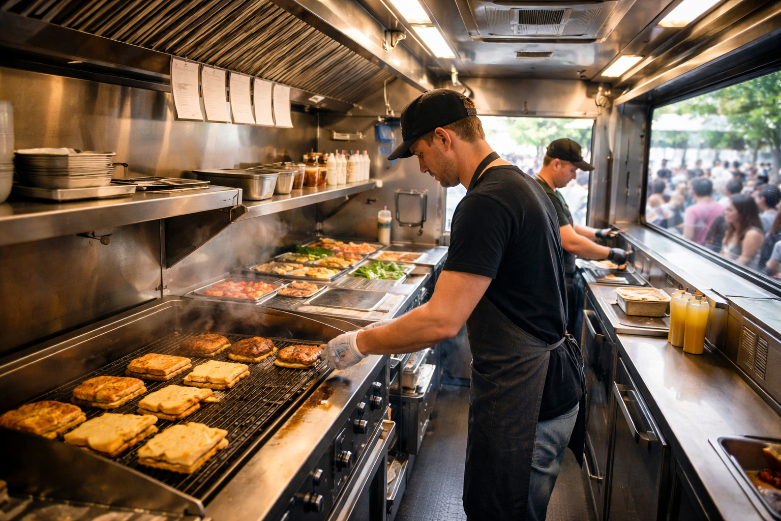 interior of food truck kitchen during catering service