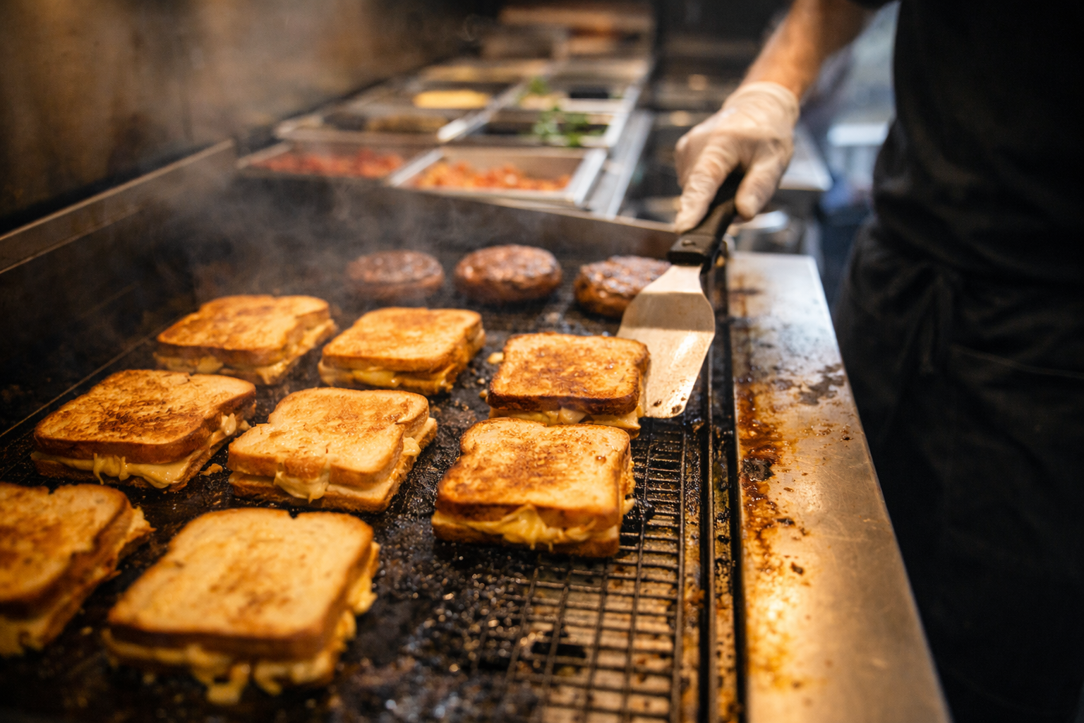 grilled cheese sandwiches cooking on food truck flat top
