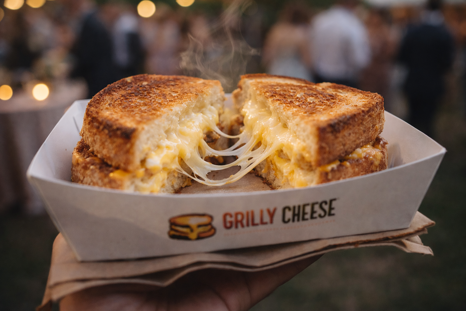 gourmet grilled cheese sandwich at wedding reception