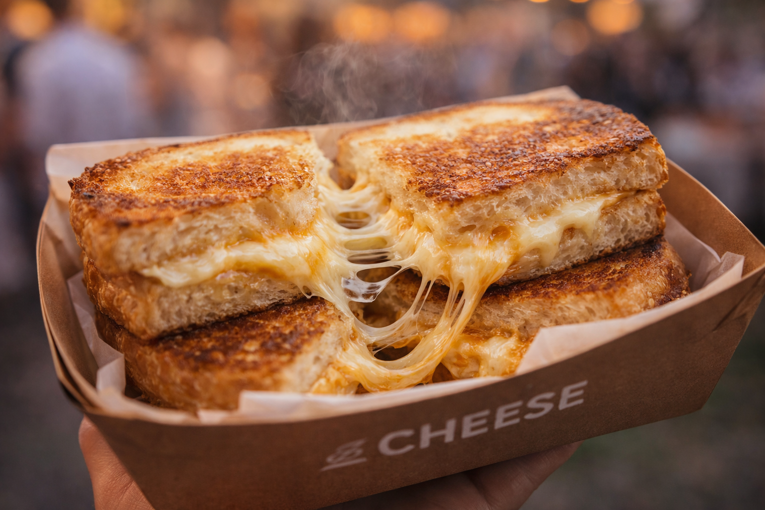 newlyweds enjoying grilled cheese from wedding food truck